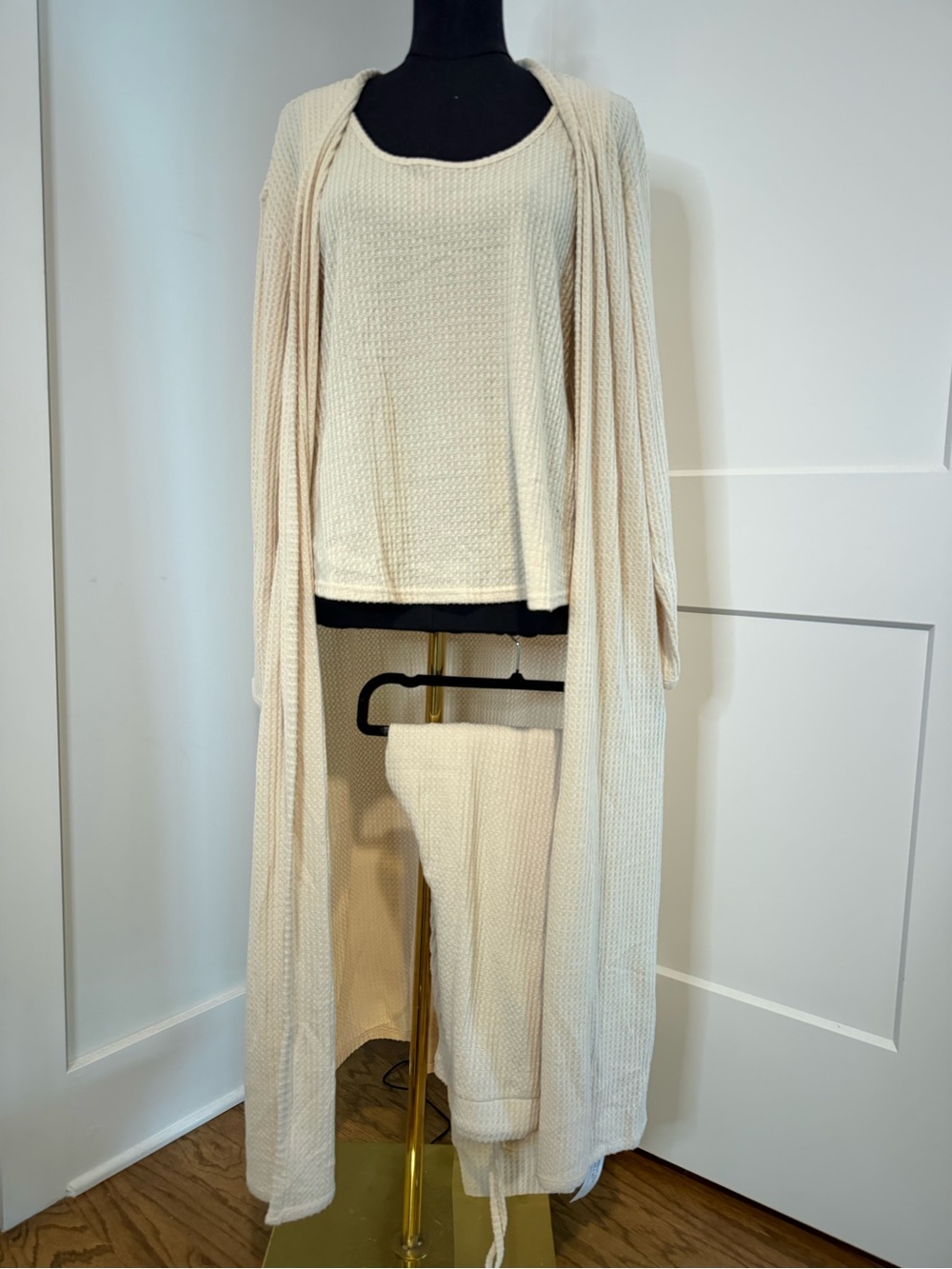 Venus 3pc Cozy Cream Knit Loungewear Set - Tank, Robe & Pants